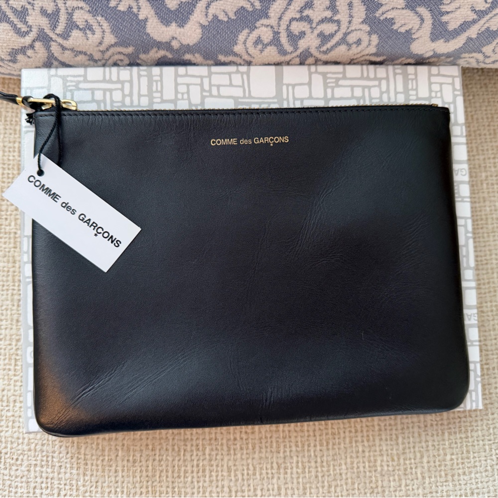 Comme des Garcons Black Leather Zip Pouch with Gold Logo